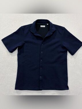 Ike Behar Navy Blue Textured Short Sleeve Button Up Shirt Men’s size L